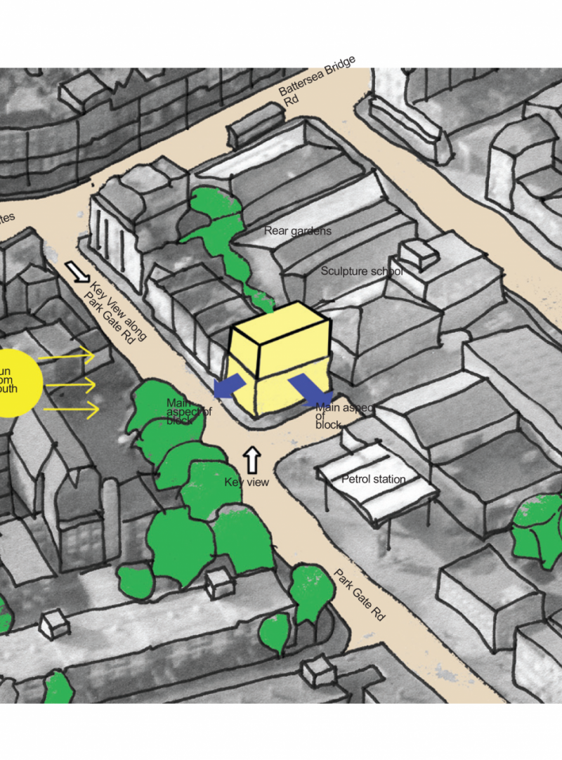 A site context analysis sketch of a project in Battersea