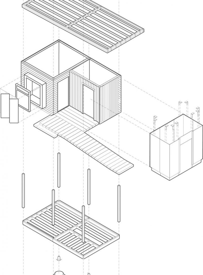 an image showing an axonometric 3d view of a sustainable shed