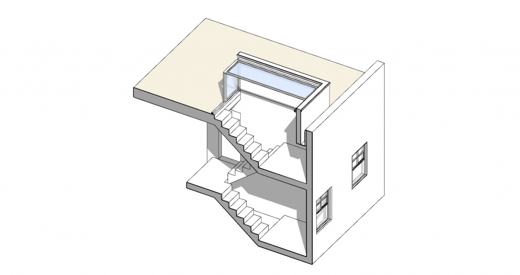 section cut through a 3d model showing access to a roof terrace