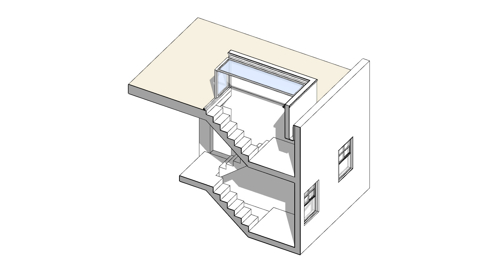 section cut through a 3d model showing access to a roof terrace