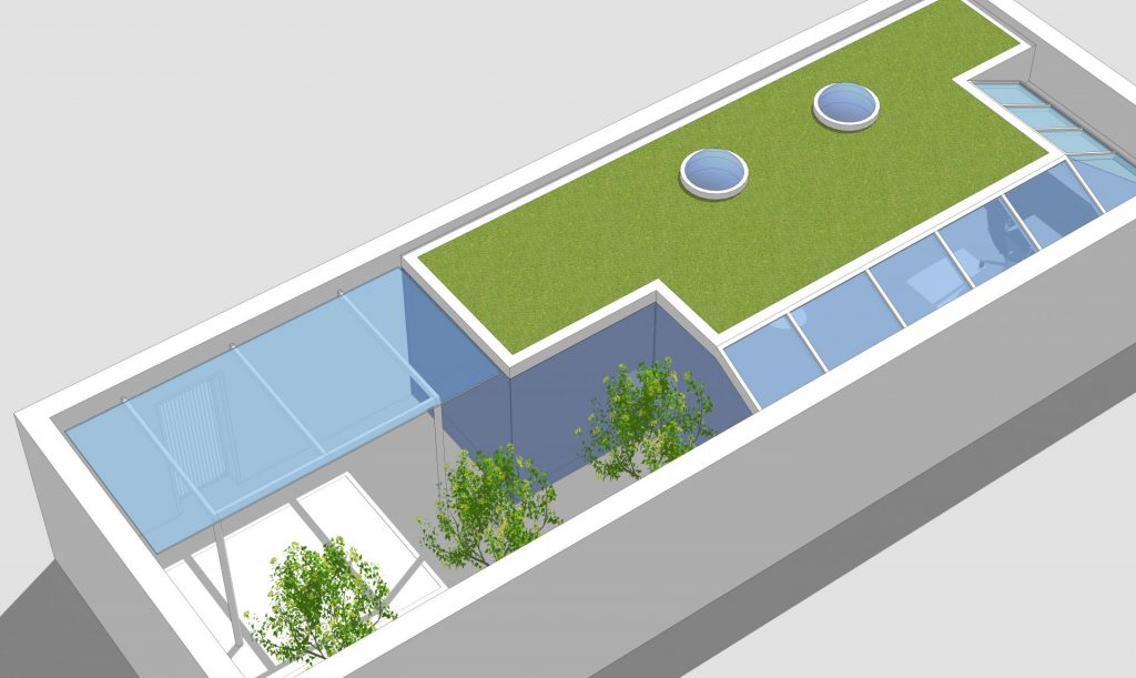 A 3D image showing a courtyard office