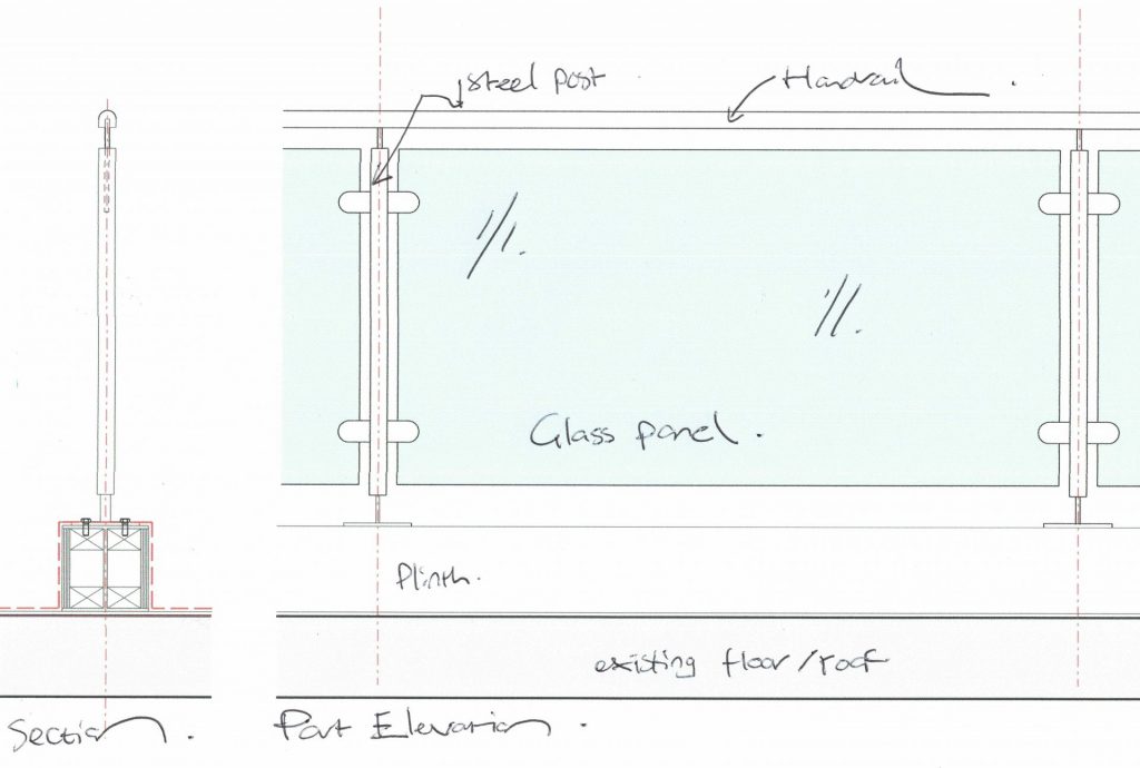 Railing detail for roof terrace planning permission drawing in Brighton