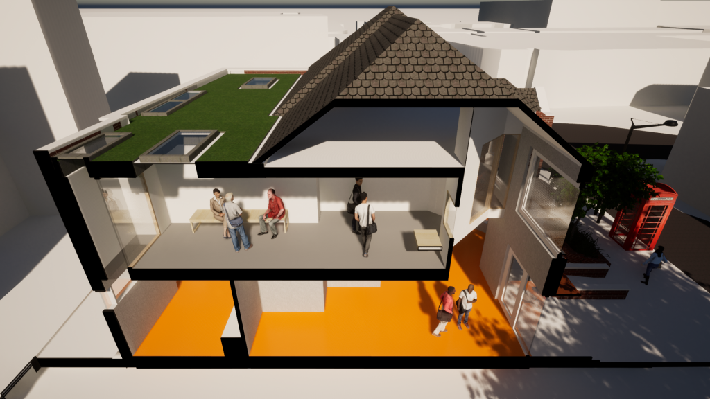 3D perspective section cut through community centre