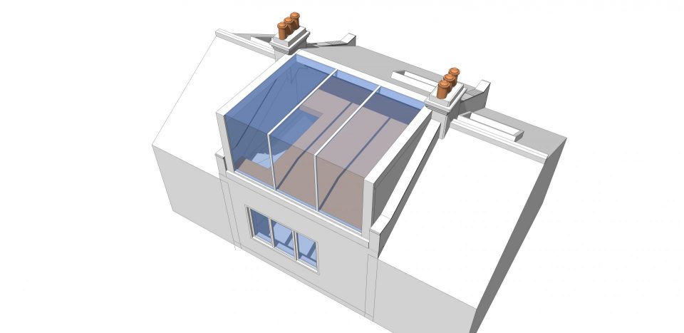 image showing a 3d model of a small studio extension project