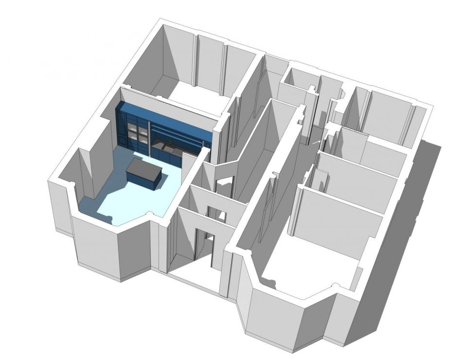 An image showing a 3D model of a kitchen design for a residential project in Hove