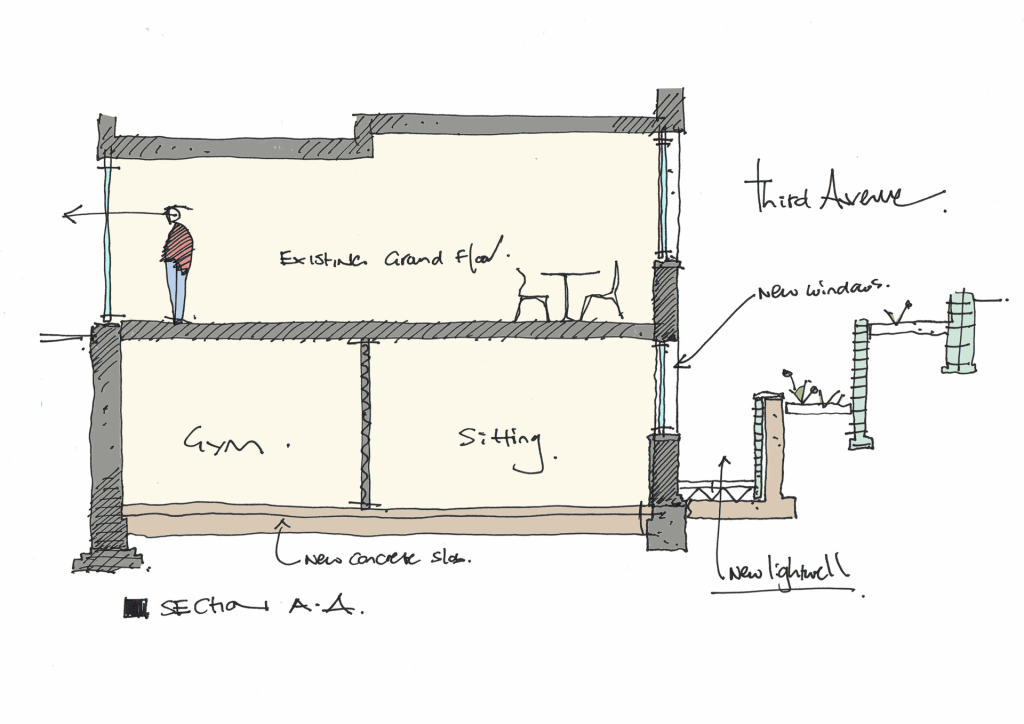 An image showing a sketch of a section cut through a residential project in Hove
