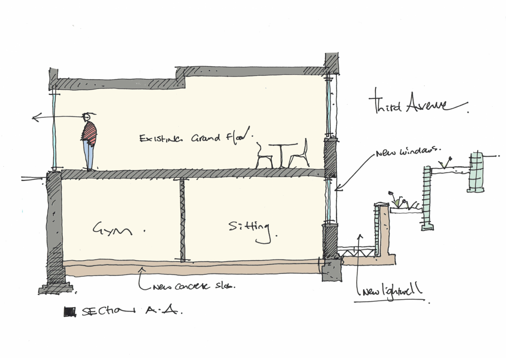 An image showing a sketch of a section cut through a residential project in Hove