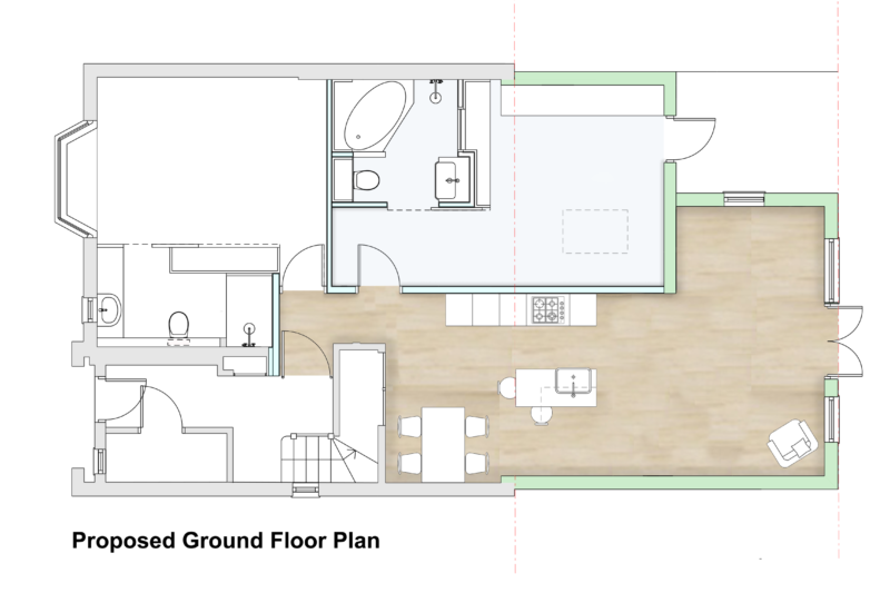 Proposed Ground Floor Plan Argyle Road Architectural drawing of a proposed ground floor plan showing a layout with entryway, staircase, dining area, open-plan kitchen with island, living room, two bathrooms, and connecting doors. Furniture, fixtures, and fittings are outlined in the design.