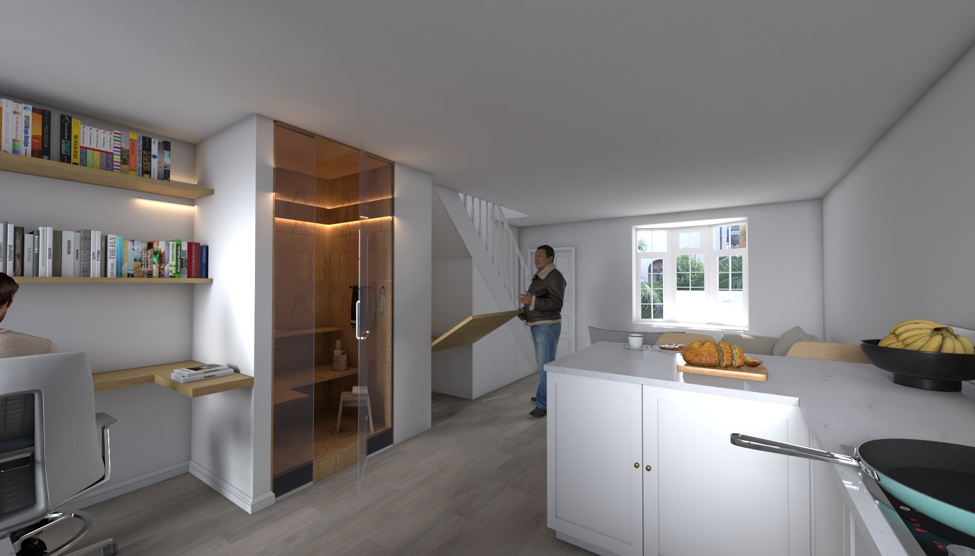 Brighton Architects A 3D Render showing the kitchen and living room of a project in Brighton