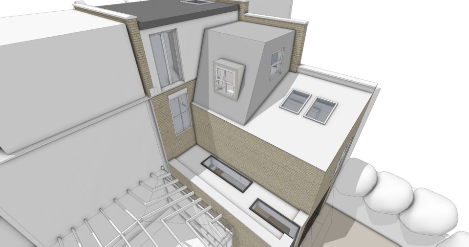 3D View of a peoposal for a pod room and ground floor extension