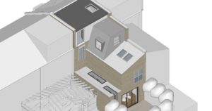 3D View of a peoposal for a pod room and ground floor extension